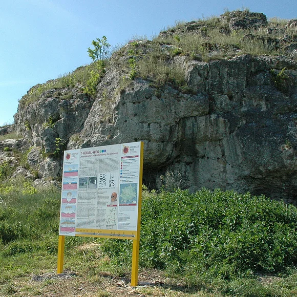 Außenansicht auf die Hexenküche bei Lierheim mit davor stehender Infotafel.