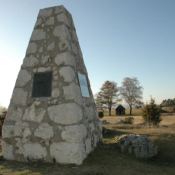 Der Gedenkstein der Schlacht am Albuch mit dahinter liegender Heidelandschaft.