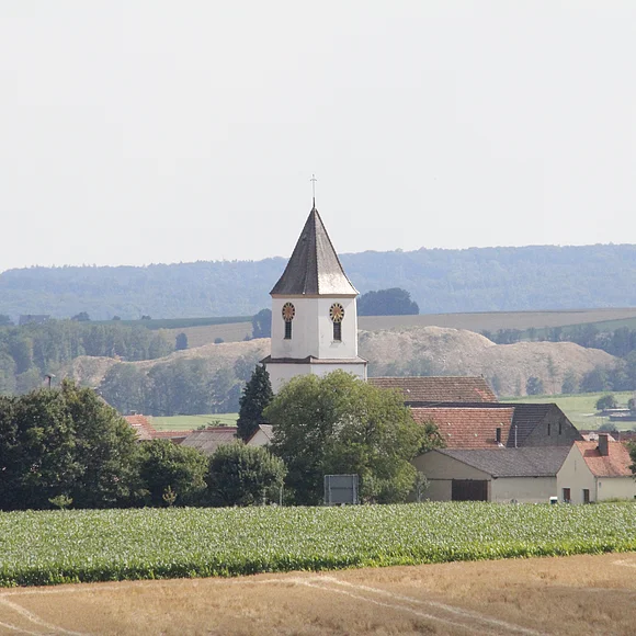 Blick auf das idyllisch gelegene Schaffhausen. In der Bildmitte sieht man die Kirche.