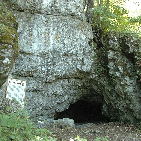 Der Eingang zur Hanseles Hohl am Michelsberg bei Fronhofen mit davor stehender Infotafel.