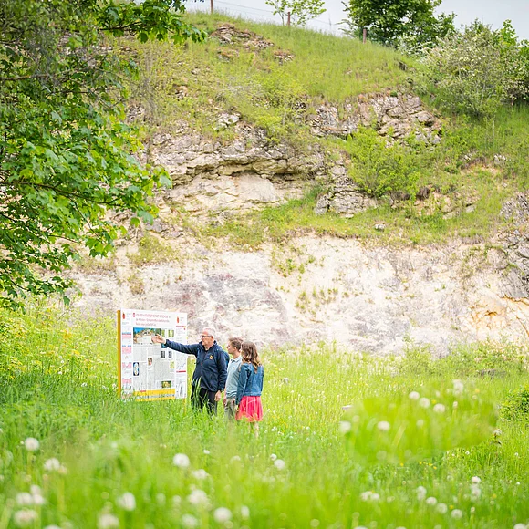Geopark Ries Mai 2023 Drei Personen stehen auf einer Wiese mit hohem Gras vor einer Informationstafel. Im Hintergrund ist eine kleine Felswand zu sehen.