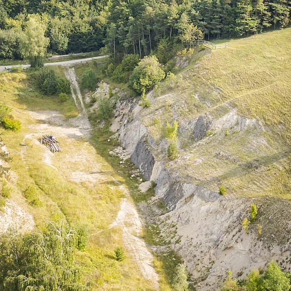 In der Luftaufnahme ist ein ehemaliger Steinbruch zu sehen. Die dahinter liegende Landschaft ist bewaldet.