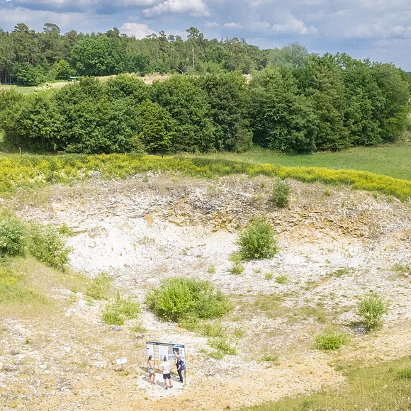 In einer Grube mit vereinzelten Büschen und bloßem Gestein an den Hängen steht eine Sitzbank und eine Informationstafel.
Oberhalb der Grube befinden sich Äcker und Wald.