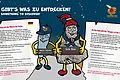 Auf einer Informationstafel für Kinder sind die beiden Maskottchen Suevitchen und Riesitchen und Text in deutscher und englischer Sprache abgebildet.