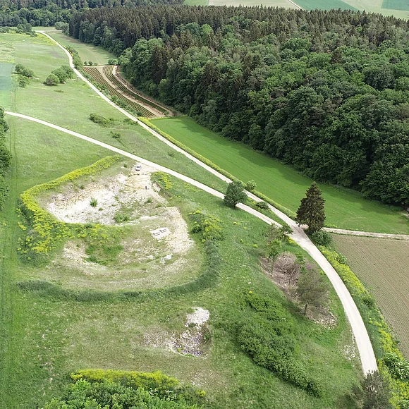 Luftbild Lehrpfad Geotope Daiting Eine flache Grube ohne Vegetation ist von Wiesen, Äckern und Wald umgeben.