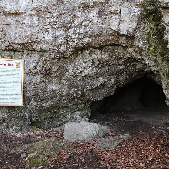 Neben einer niedrigen Höhle hängt ein Schild mit der Überschrift "Hanseles Hohl". Vor dem Eingang liegt trockenes Laub.