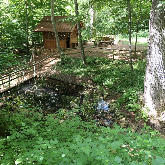 In einer Senke in einem Wald befindet sich ein von Holzzäunen umgebener kleiner Weiher. Im Hintergrund sind eine kleine Holzhütte und Sitzbänke zu sehen.