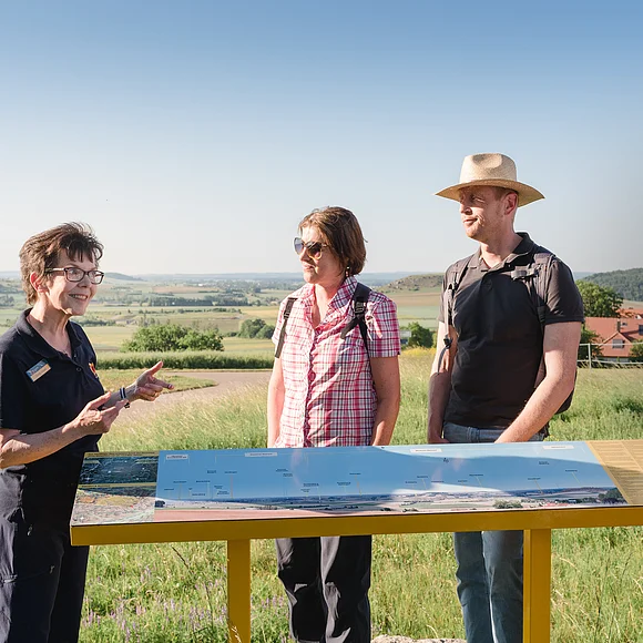 Eine Frau spricht zu drei Personen an einer Panoramatafel. Im Hintergrund erstreckt sich eine weite Landschaft.