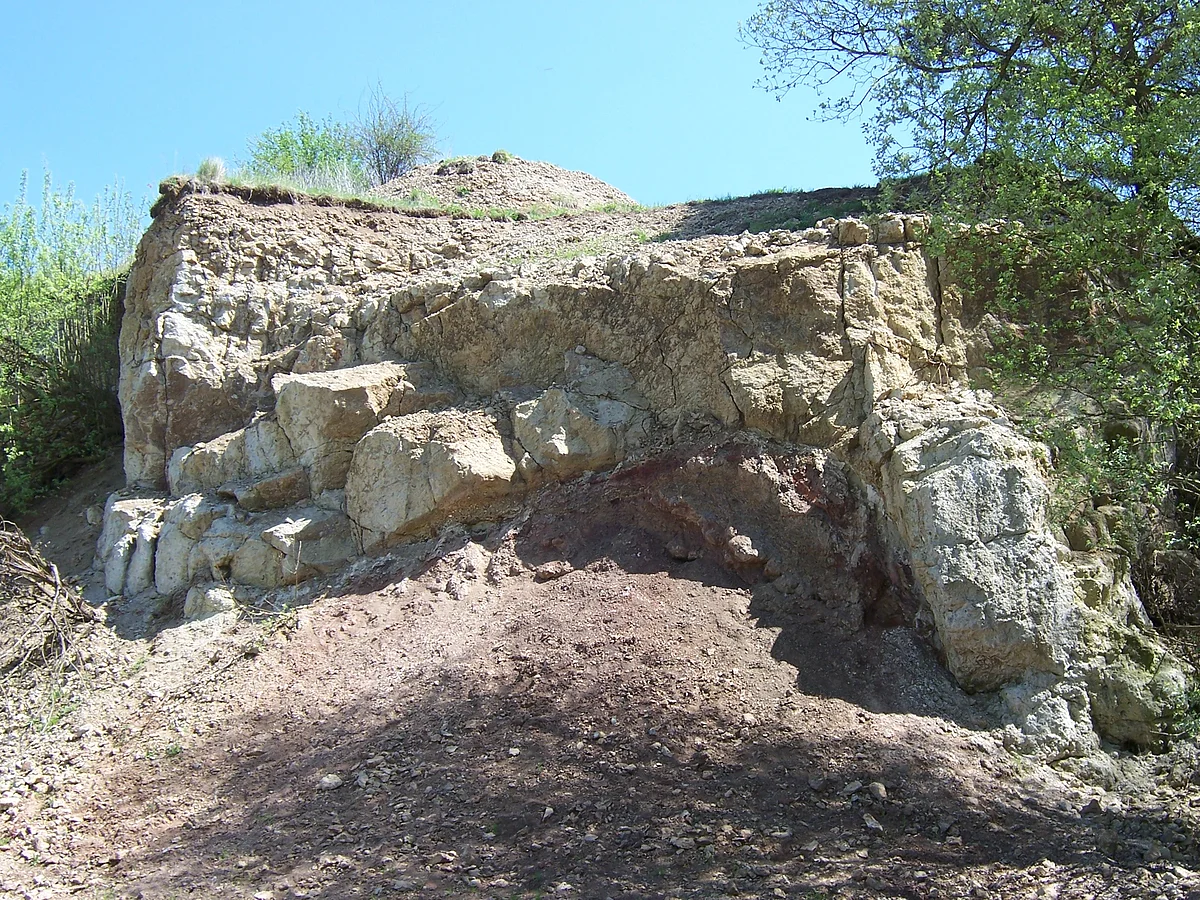 Das Gestein an einem Hang ist stark verwittert und im unteren Bereich rötlich gefärbt.