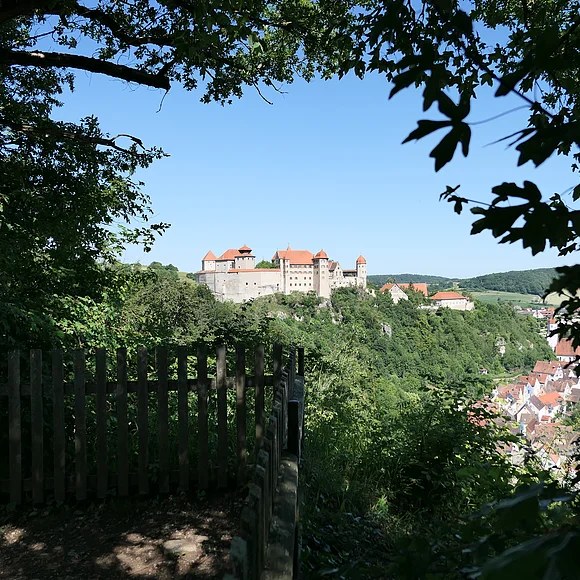Unter dem Blätterdach eines Aussichtspunktes heraus geht der Blick zur Burg Harburg auf einem bewaldeten Hügel.