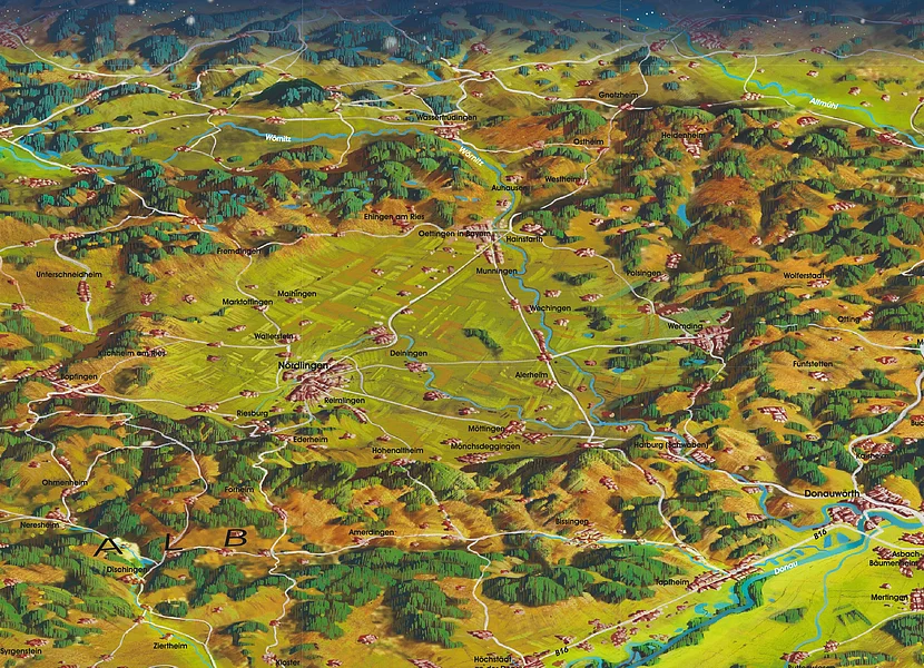 Die gezeichnete Schrägluftansicht des Rieskraters zeigt Siedlungen und den mit Wald bewachsenen Kraterrand.