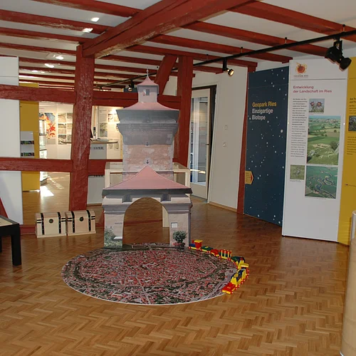 In einem Raum mit roten Holzbalken liegt auf dem Boden eine Luftaufnahme der Stadt Nördlingen. Vor der rechten Wand stehen große Informationstafeln.