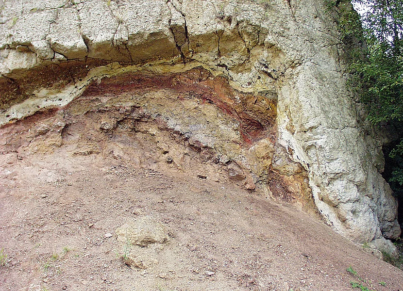 Suevite in contact with Bunte Breccia in the Aumühle quarry near Oettingen Unterhalb von hellem Gestein lassen sich mehrere dünne Gesteinsschichten in Rottönen erkennen.