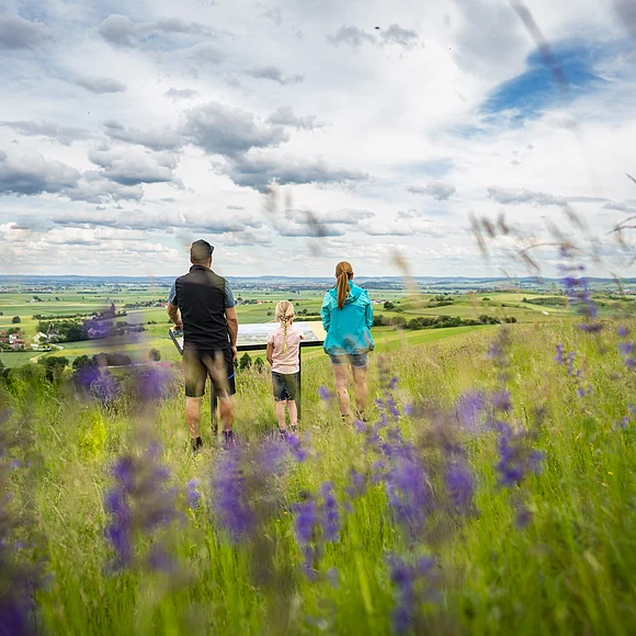 Eine Familie steht hinter einer Panoramatafel auf einer Wiese und blickt in die weite Landschaft. Im Vordergrund sind lila Blumen zu sehen.