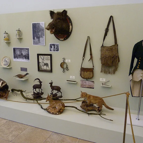 Blick auf Jagdtrophäen wie z. B einen ausgestopften Wildschweinkopf, einen Fuchs oder ein Rehkitz. An der Wand hängen zudem verschiedene Taschen und Bilder.