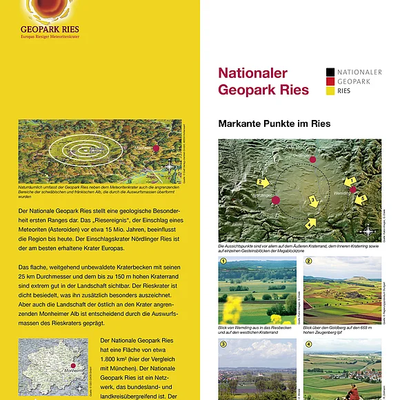 Plakat des Nationalen Geoparks Ries mit Karten, Texten und Fotos markanter Punkte im Rieskrater. Oben links im Eck das Logo vom Geopark Ries.
