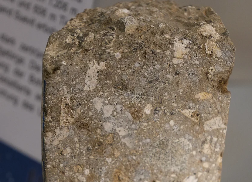 Das Bild zeigt einen länglichen Bohrkern aus Suevit. Davor ist ein Schildchen mit der Nr. 1 zu sehen.