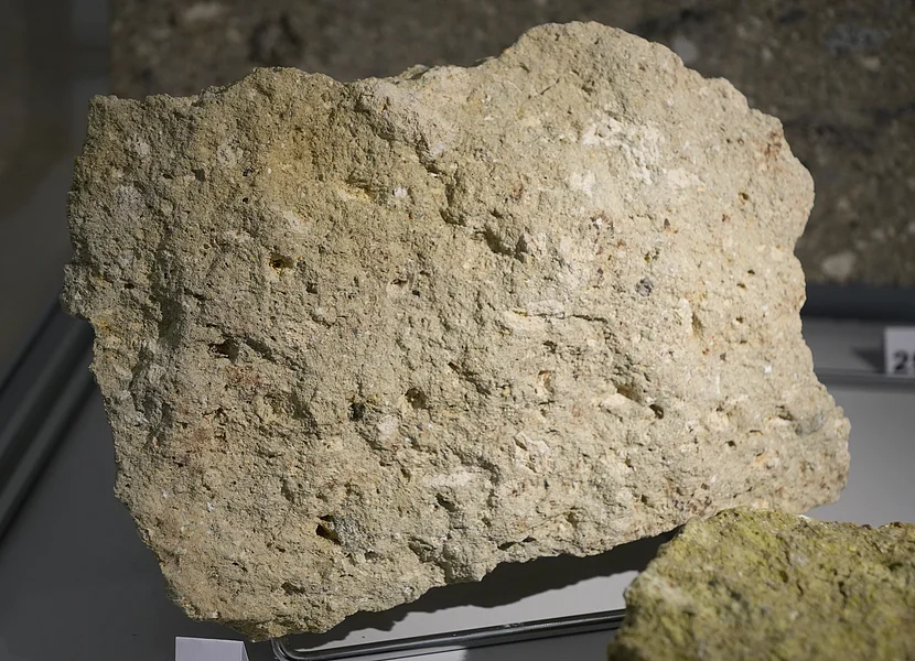 Zu sehen ist ein Stück Suevit aus dem Kalksteinbruch Heroldingen.